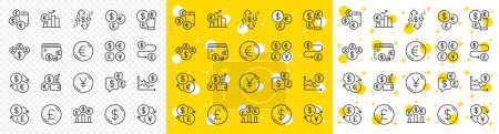 Illustration for Cash money, Euro Dollar transfer and Currency exchange. Currency line icons. Financial rate, Change money and Euro Pound trade icons. Dollar transfer, Stock trade and Wallet with cash. Vector - Royalty Free Image