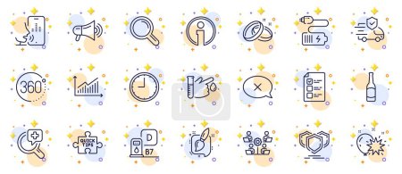 Illustration for Outline set of Balloon dart, Shields and Research line icons for web app. Include Battery, 360 degrees, Diesel station pictogram icons. Info, Graph, Medical analyzes signs. Voicemail, TimeBeer. Vector - Royalty Free Image