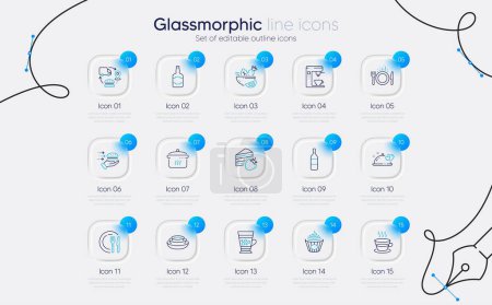 Illustration for Set of Whiskey bottle, Food delivery and Coffee maker line icons for web app. Cake, Romantic dinner, Wine bottle icons. Coffee cup, Supply chain, Dishes signs. Frappe, Salad, Dish. Pasta. Vector - Royalty Free Image