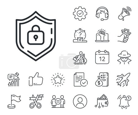 Illustration for Internet protection sign. Salaryman, gender equality and alert bell outline icons. Shield line icon. Password secure symbol. Shield line sign. Spy or profile placeholder icon. Vector - Royalty Free Image
