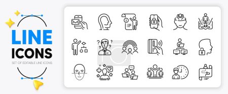 Illustration for Algorithm, Unlock system and Journey path line icons set for app include Face recognition, Work home, Contactless payment outline thin icon. Winner, Working hours. Yellow 3d stars with cursor. Vector - Royalty Free Image