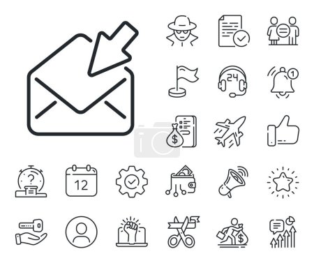 Illustration for View Message correspondence sign. Salaryman, gender equality and alert bell outline icons. Open Mail line icon. E-mail symbol. Open Mail line sign. Spy or profile placeholder icon. Vector - Royalty Free Image