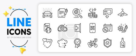 Illustration for Wedding rings, Bicycle parking and Deflation line icons set for app include Translation service, Heart, Calendar discounts outline thin icon. Tested stamp, Search statistics. Vector - Royalty Free Image