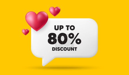 Illustration for Up to 80 percent discount. 3d speech bubble banner with hearts. Sale offer price sign. Special offer symbol. Save 80 percentages. Discount tag chat speech message. 3d offer talk box. Vector - Royalty Free Image
