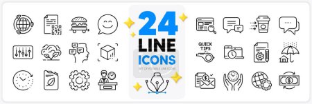 Illustration for Icons set of Safe time, Canister and Presentation time line icons pack for app with Augmented reality, Seo gear, Smile chat thin outline icon. Website search, Coffee delivery. Vector - Royalty Free Image
