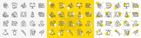 Illustration for Outline Vip timer, Seo stats and Ceiling lamp line icons pack for web with Rocket, Gps, Food delivery line icon. Card, Chemistry pipette, Restaurant app pictogram icon. Reject file. Vector - Royalty Free Image