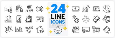 Illustration for Icons set of Change card, Loan house and Money line icons pack for app with Calendar graph, Report, Deflation thin outline icon. Stress grows, Loan percent, Accounting pictogram. Vector - Royalty Free Image