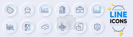 Illustration for Waterproof, Accounting and Rainy weather line icons for web app. Pack of Timer app, Efficacy, Diagram chart pictogram icons. Bacteria, First aid, Electronic thermometer signs. Vector - Royalty Free Image