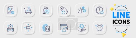 Illustration for Flash memory, Employee hand and Dating chat line icons for web app. Pack of Wallet, Warning, Alarm clock pictogram icons. Delivery cart, Dating, Inspect signs. Cardboard box. Vector - Royalty Free Image