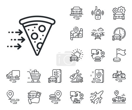 Illustration for Salami pizza sign. Plane, supply chain and place location outline icons. Food delivery line icon. Catering service symbol. Food delivery line sign. Taxi transport, rent a bike icon. Travel map. Vector - Royalty Free Image