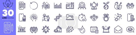Illustration for Green energy, Save planet and Chemistry dna line icons pack. Fake news, Chemical formula, Court jury web icon. Creativity concept, Winner ribbon, Energy inflation pictogram. Vector - Royalty Free Image
