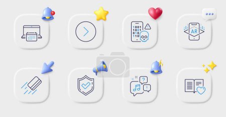 Illustration for Voicemail, Credit card and Cyber attack line icons. Buttons with 3d bell, chat speech, cursor. Pack of Calendar, Forward, Confirmed icon. Augmented reality, Love book pictogram. Vector - Royalty Free Image