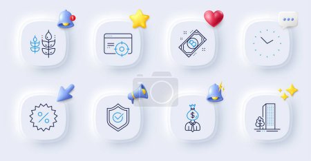 Illustration for Manager, Time and Bitcoin line icons. Buttons with 3d bell, chat speech, cursor. Pack of Gluten free, Buildings, Seo targeting icon. Discount, Approved shield pictogram. For web app, printing. Vector - Royalty Free Image