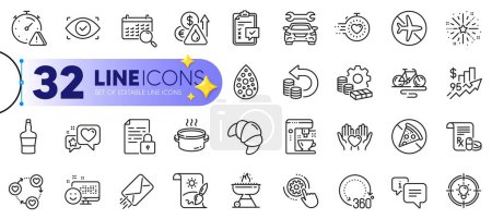 Illustration for Outline set of Biometric eye, E-mail and Grill line icons for web with Coffee maker, Flight mode, Heart thin icon. Attention, 360 degrees, Timer pictogram icon. Friends community, SaucepanInfo. Vector - Royalty Free Image