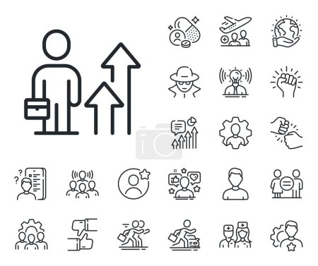 Illustration for Person with suitcase sign. Specialist, doctor and job competition outline icons. Business results line icon. Leader skill symbol. Business results line sign. Vector - Royalty Free Image