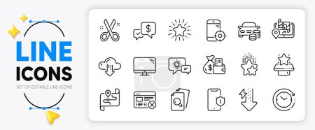 Illustration for Cloud download, Cut and Smartphone protection line icons set for app include Energy drops, Ranking stars, Reject web outline thin icon. Computer, Winner podium, Change money pictogram icon. Vector - Royalty Free Image
