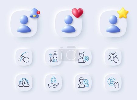 Illustration for Lgbt, Couple and Cleaning line icons. Placeholder with 3d bell, star, heart. Pack of Puzzle, Person idea, Swipe up icon. Bitcoin pay, Click hand pictogram. For web app, printing. Vector - Royalty Free Image