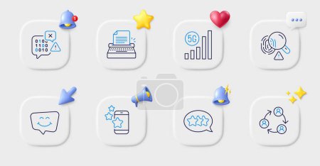 Illustration for Binary code, 5g wifi and Best app line icons. Buttons with 3d bell, chat speech, cursor. Pack of Stars, Smile chat, Typewriter icon. Fingerprint, Teamwork pictogram. For web app, printing. Vector - Royalty Free Image