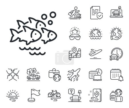 Illustration for Shoal of gill-bearing animals sign. Plane jet, travel map and baggage claim outline icons. Fish school line icon. Flock of salmon symbol. Fish school line sign. Car rental, taxi transport icon. Vector - Royalty Free Image