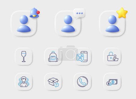 Illustration for Call center, Dollar money and Food app line icons. Placeholder with 3d star, reminder bell, chat. Pack of Wine glass, Backpack, Secret package icon. Group, Lock pictogram. Vector - Royalty Free Image