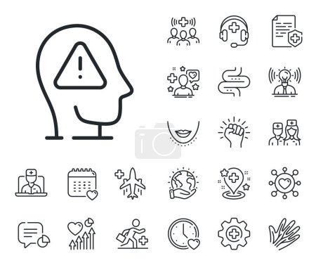 Illustration for Psychology therapy sign. Online doctor, patient and medicine outline icons. Mental health line icon. Brain warning symbol. Mental health line sign. Veins, nerves and cosmetic procedure icon. Vector - Royalty Free Image