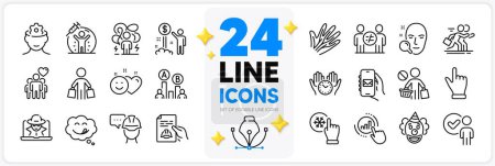 Illustration for Icons set of Fraud, Freezing click and Veins line icons pack for app with Discrimination, Income money, Foreman thin outline icon. Ab testing, Smile, Face search pictogram. Vector - Royalty Free Image