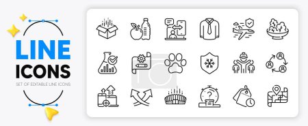 Illustration for Map, Shirt and Chemistry lab line icons set for app include Time management, Quiz, Intersection arrows outline thin icon. Salad, Cogwheel blueprint, Phone timing pictogram icon. Vector - Royalty Free Image
