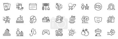 Illustration for Icons pack as Sale gift, Holiday presents and Mattress line icons for app include Fish, Flight destination, Hook outline thin icon web set. Fireworks rocket, Pillow, Grill pictogram. Vector - Royalty Free Image