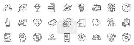 Illustration for Icons pack as Give present, Metro and Face id line icons for app include Face cream, Difficult stress, Reject access outline thin icon web set. Yummy smile, Refrigerator, Best friend pictogram. Vector - Royalty Free Image