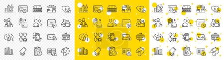 Illustration for Outline Stop shopping, Flight destination and Night city line icons pack for web with Exam time, Star, Balloon dart line icon. Calendar tax, Volunteer, Timer pictogram icon. Vector - Royalty Free Image