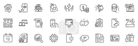 Illustration for Icons pack as Inventory, Scroll down and Coins line icons for app include Wallet, Inventory cart, Smile outline thin icon web set. Property agency, Maze attention, Question mark pictogram. Vector - Royalty Free Image
