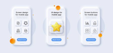 Illustration for Charging app, Ice cream and Health app line icons pack. 3d phone mockups with star. Glass smartphone screen. Organic tested, Load document, Lock web icon. Vector - Royalty Free Image