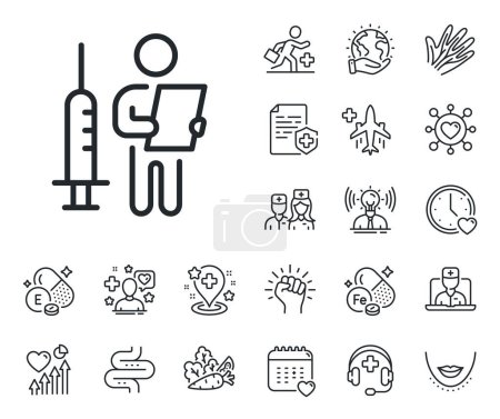 Illustration for People vaccine syringe sign. Online doctor, patient and medicine outline icons. Vaccination announcement line icon. Injection jab symbol. Vaccination announcement line sign. Vector - Royalty Free Image