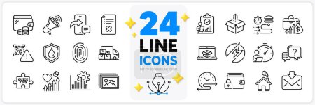 Illustration for Icons set of Quick tips, Reject file and Question mark line icons pack for app with Salary, Online delivery, Wallet thin outline icon. Home, Incoming mail, Seo graph pictogram. Inspect. Vector - Royalty Free Image
