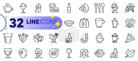 Illustration for Outline set of Wine glass, Coffee-berry beans and Wine bottle line icons for web with Food, Ice cream milkshake, Latte coffee thin icon. Water bottle, Ice cream, Leaf pictogram icon. Vector - Royalty Free Image