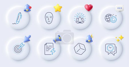 Illustration for Dice, Lotus and Face biometrics line icons. Buttons with 3d bell, chat speech, cursor. Pack of Target purpose, Seo gear, Power certificate icon. Clock, Signature pictogram. Vector - Royalty Free Image