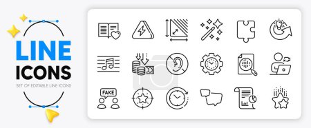 Illustration for Love book, Lightning bolt and Triangle area line icons set for app include No hearing, Deflation, Magic wand outline thin icon. Analytics chart, Video conference, Musical note pictogram icon. Vector - Royalty Free Image