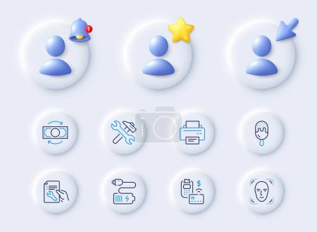 Illustration for Change money, Repair document and Ice cream line icons. Placeholder with 3d cursor, bell, star. Pack of Face detection, Battery, Repair icon. Printer, Pos terminal pictogram. Vector - Royalty Free Image