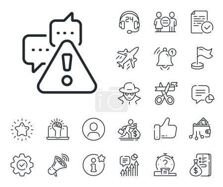 Illustration for Attention triangle sign. Salaryman, gender equality and alert bell outline icons. Warning line icon. Caution alert symbol. Warning line sign. Spy or profile placeholder icon. Vector - Royalty Free Image