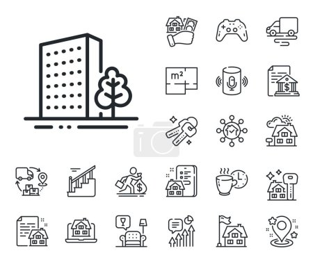 Illustration for City architecture with tree sign. Floor plan, stairs and lounge room outline icons. Buildings line icon. Skyscraper building symbol. Buildings line sign. House mortgage, sell building icon. Vector - Royalty Free Image