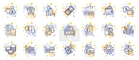 Illustration for Outline set of Card, Digital wallet and Payment line icons for web app. Include Mortgage, Piggy bank, Money transfer pictogram icons. Add products, Pay, Bitcoin signs. Wallet, Money. Vector - Royalty Free Image