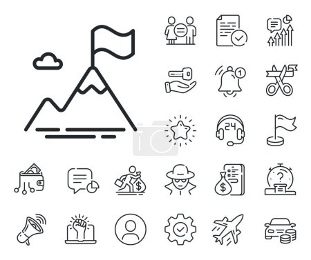 Illustration for Goal challenge sign. Salaryman, gender equality and alert bell outline icons. Mountain flag line icon. Leadership symbol. Mountain flag line sign. Spy or profile placeholder icon. Vector - Royalty Free Image