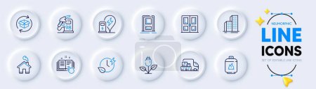 Illustration for Door, Technical documentation and Petrol station line icons for web app. Pack of Eco power, Return parcel, Charging station pictogram icons. Charging time, Home, Entrance signs. Vector - Royalty Free Image