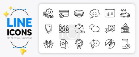 Illustration for Ranking, Smile and Change card line icons set for app include Money, Delivery notification, Electric energy outline thin icon. Calendar, Smartphone recovery, Health app pictogram icon. Vector - Royalty Free Image