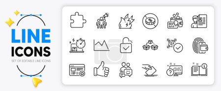Illustration for Favorite, Online quiz and Inspect line icons set for app include Qr code, Brand ambassador, Wallet outline thin icon. Fire energy, Manual, Communication pictogram icon. Voting ballot. Vector - Royalty Free Image
