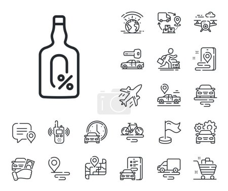 Illustration for Whiskey bottle sign. Plane, supply chain and place location outline icons. Alcohol free line icon. Bar drink symbol. Alcohol free line sign. Taxi transport, rent a bike icon. Travel map. Vector - Royalty Free Image