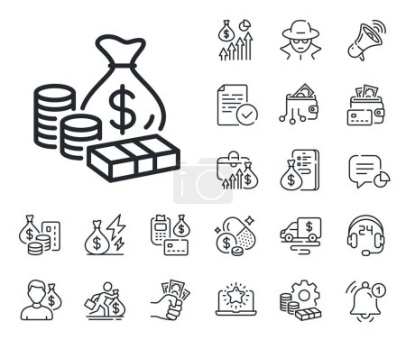 Illustration for Banknotes with coins sign. Cash money, loan and mortgage outline icons. Money line icon. Dollar cash symbol. Money line sign. Credit card, crypto wallet icon. Inflation, job salary. Vector - Royalty Free Image