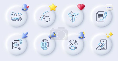 Illustration for Global business, Truck delivery and Auction line icons. Buttons with 3d bell, chat speech, cursor. Pack of Wind energy, Swipe up, Fingerprint icon. Signing document, Seo stats pictogram. Vector - Royalty Free Image