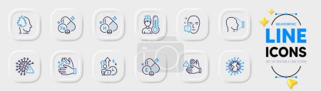 Illustration for Face id, Wash hands and Vitamin h line icons for web app. Pack of Coronavirus, Dont touch, Stress pictogram icons. Vitamin e, Covid virus, Difficult stress signs. Thermometer, Iron. Vector - Royalty Free Image