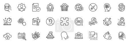 Illustration for Icons pack as No hearing, Vitamin b6 and 360 degrees line icons for app include Veins, Stress, Employees talk outline thin icon web set. Job interview, Group, Timer pictogram. Vector - Royalty Free Image